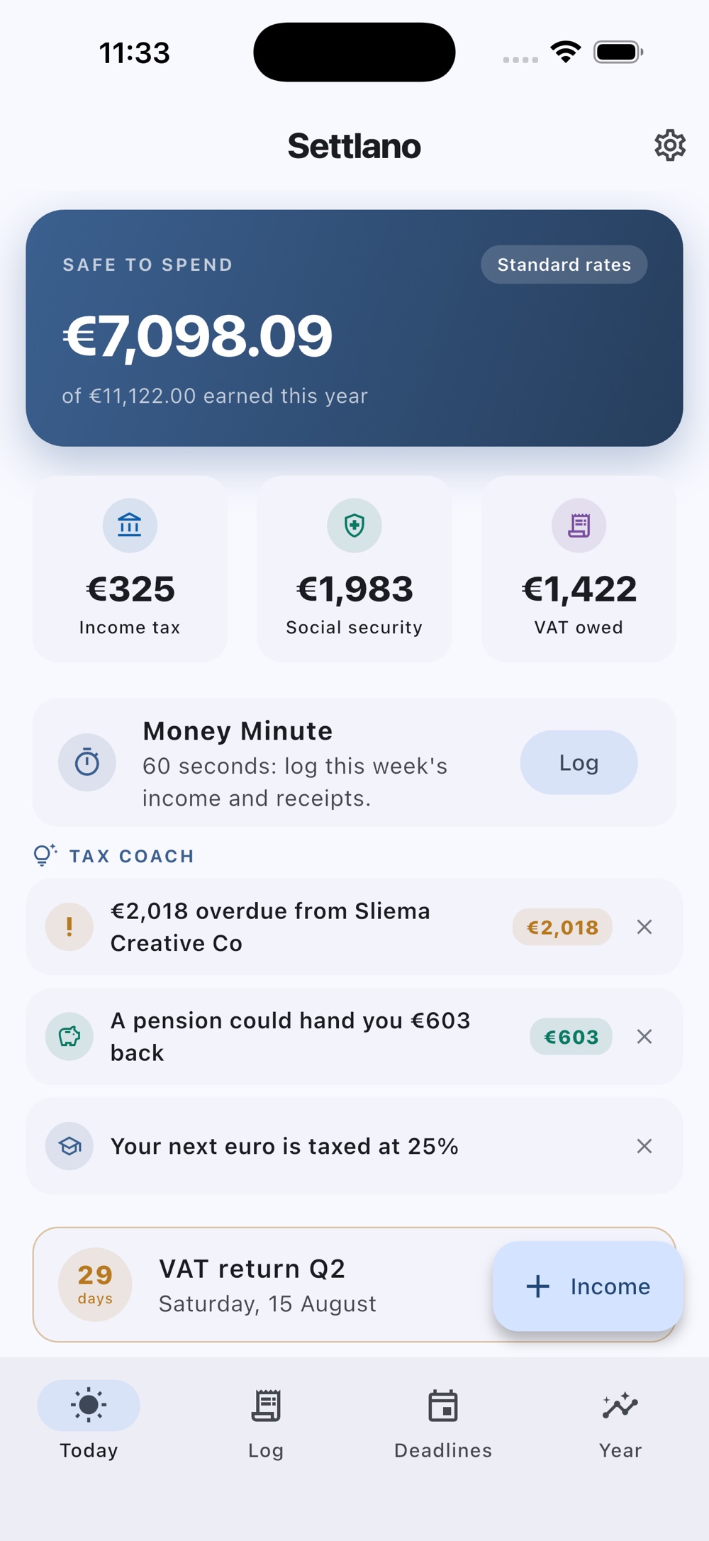 Settlano’s home screen: Safe to spend €7,098.09, with income tax, social security and VAT set aside, tax-coach tips and the next deadline