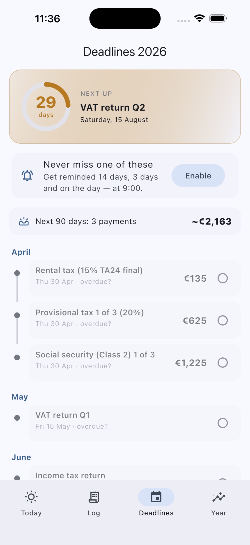 Settlano’s Deadlines screen: a countdown ring to the next payment and a timeline of every Maltese tax deadline