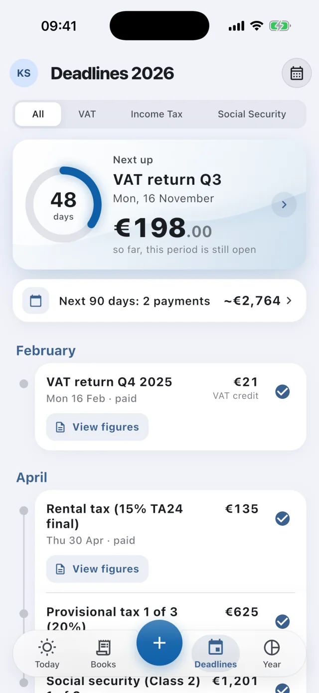 Settlano’s Deadlines screen: a countdown ring to the next return, its estimate, and the year’s dates by month.