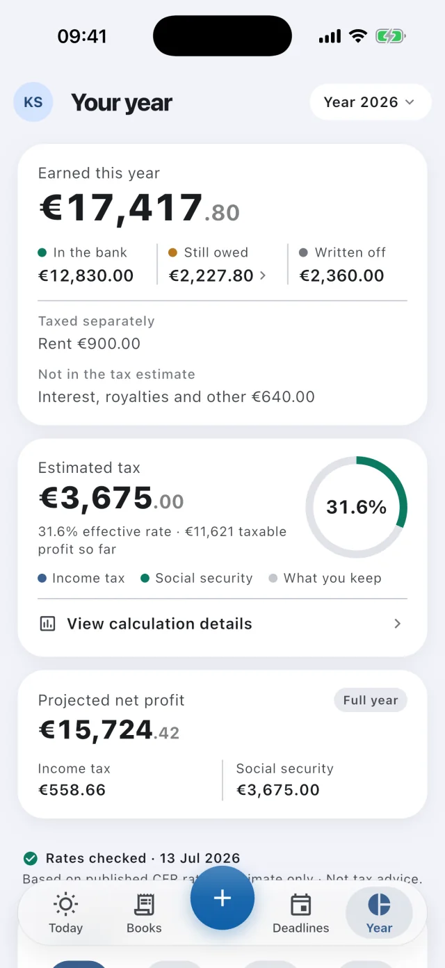 Settlano’s Year screen: the estimated tax for the year, the effective rate, and the projected net profit.